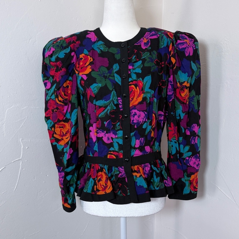 Vintage 80s Leslie Lucks Floral Peplum Jacket Top Puff Sleeve Size 12 USA